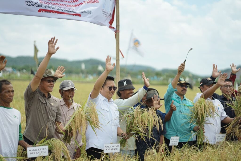 Wakil Bupati Kukar, Rendi Solihin saat menghadiri panen raya. Ia mengungkapkan, anggaran senilai Rp 700 Miliar merupakan yang terbesar sepanjang sejarah, dan akan digunakan untuk berbagai kebutuhan petani.